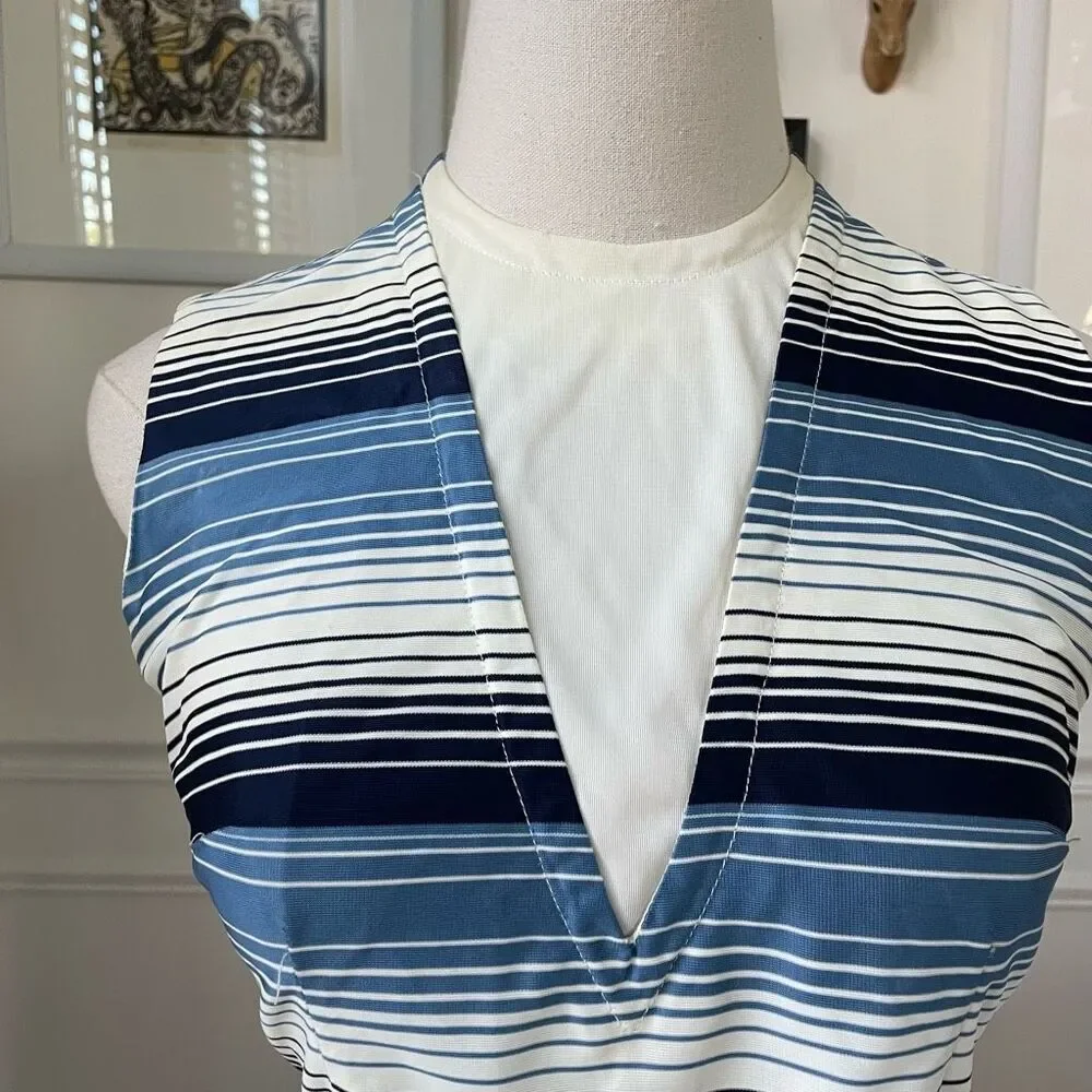 Vintage 60s Blue Variegated Stripe Sleeveless Dress S - Picture 2 of 8
